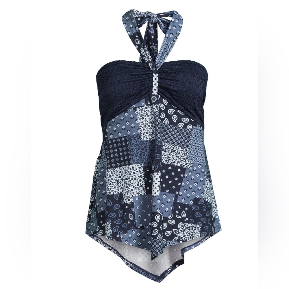 No Boundaries Juniors Crochet Trim Halter Top with Hanky Hem